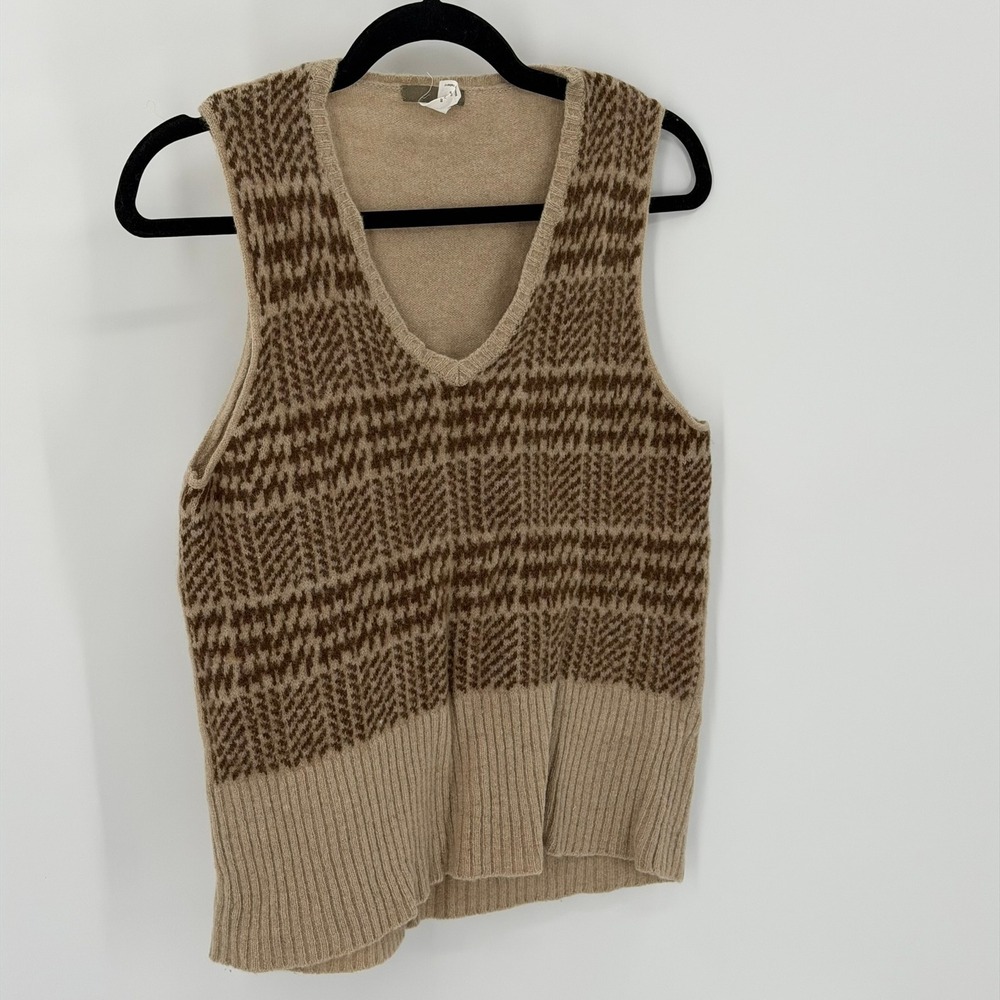 J. Crew Houndstooth Knit Vest Women's Size L Lambswool Blend V Neck Tan Brown